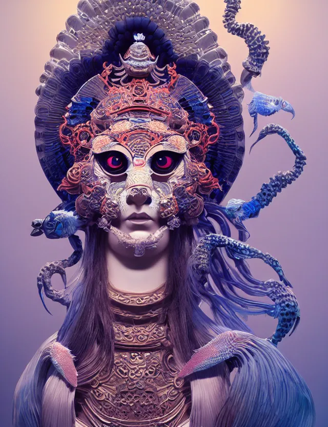 Image similar to 3 d goddess close - up 3 / 4 portrait with ram skull. beautiful intricately detailed japanese crow kitsune mask and clasical japanese kimono. betta fish, jellyfish phoenix, bio luminescent, plasma, ice, water, wind, creature, artwork by tooth wu and wlop and beeple and greg rutkowski