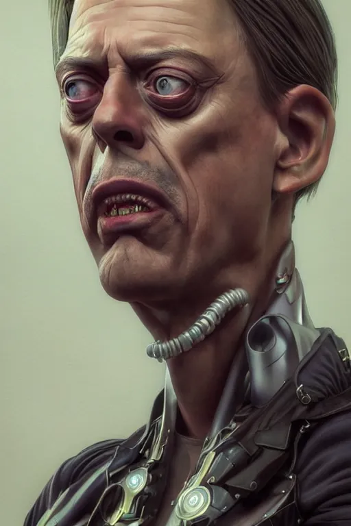 Image similar to wow! 3 / 4 stunning photorealistic portrait of steve buscemi in a kowloon cyberpunk cityscape, biomechanical bodysuit, oppai proportions, acid rain, dark fantasy by artgerm and clay mann and sorayama and alphonse mucha, very realistic, hyperdetailed, trending on artstation, octane render