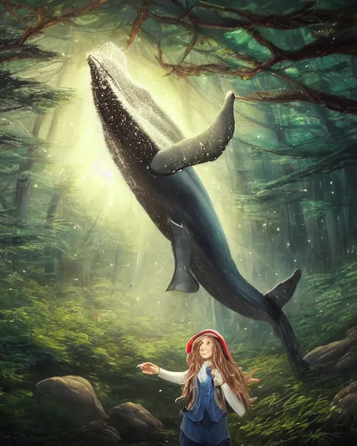 Image similar to Whale playing Trumpet in magical forest, portrait, wearing hat, magical notes, fairy atmosphere, magic the gathering artwork, D&D, fantasy, cinematic lighting, centered, symmetrical, highly detailed, digital painting, artstation, concept art, smooth, sharp focus, illustration, volumetric lighting, epic Composition, 8k, art by Akihiko Yoshida and Greg Rutkowski and Craig Mullins, oil painting, cgsociety