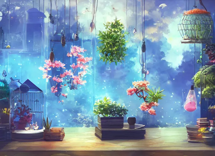 Image similar to anime background clean neat clarity professional visual development set design, tiny cozy store with hanging bird cages and bright fish aquariums, sparse plants, dim painterly lighting volumetric aquatics, impasto, trending on pixiv