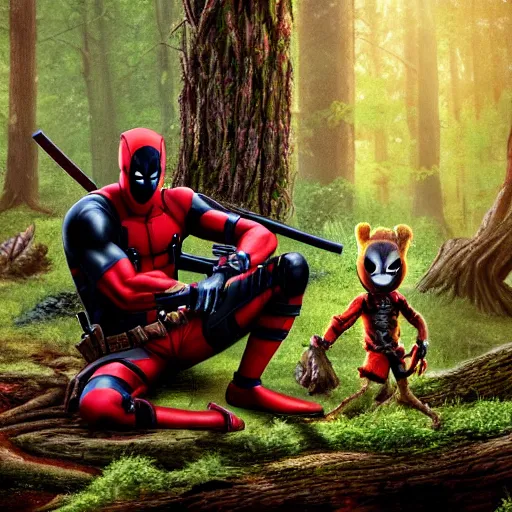 Prompt: deadpool and groot in the woods playing digital art 4 k detailed