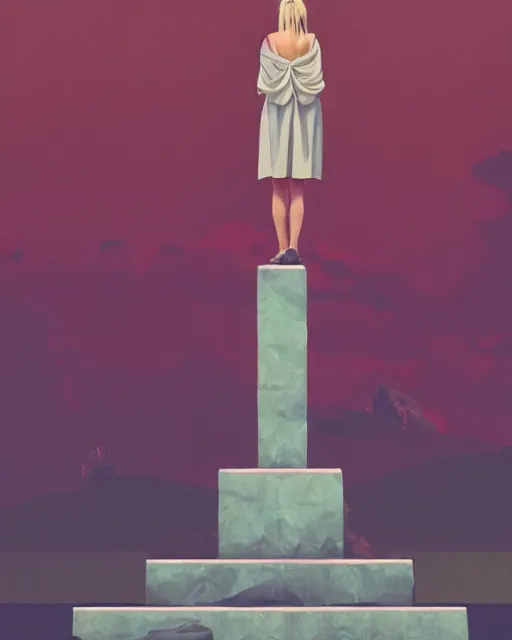 Image similar to a painting of a real woman standing in front of a huge stone statue, a screenshot by stanley twardowicz, cgsociety, aestheticism, aesthetic, vaporwave, anime aesthetic