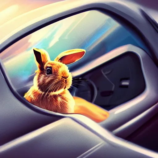 Image similar to a rabbit driving a car from inside, digital art, highly detailed, high contrast, beautiful lighting, award winning, trending on art station, photorealistic, 8 k,