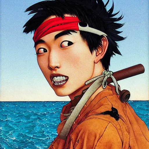 Image similar to A realistic portrait of a young Japanese man using a pirate one piece outfit, art by Norman Rockwell