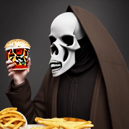 Image similar to photograph of a man with a skull reaper head begging for food at mc donalds, 8k resolution, high detail, ULTRA REALISTIC VFX, reflections