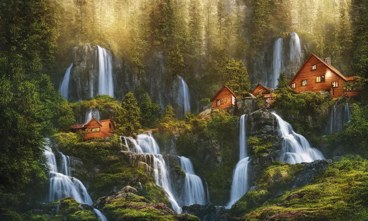 Image similar to beautiful large scandinavian house in the forest on a hill, a large waterfall flows down from the mountain in the background, vector art, fabulous, random cinematic view, no noise, global illumination, warm lighting, volumetric, by jordan grimmer