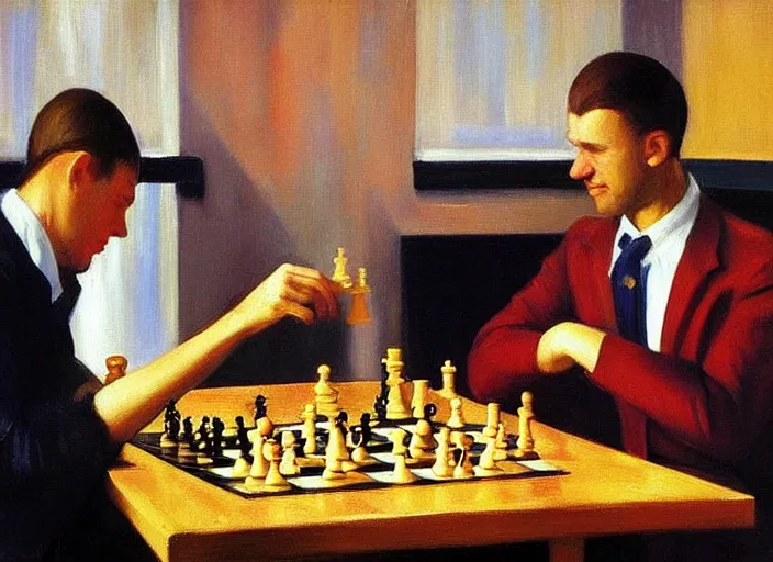 Prompt: a couple play chess in a bar, oil painting, realistic painting, art by edward hopper,