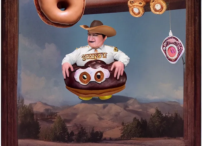 Image similar to the sheriff in the shape of a donut, lowbrow, matte painting, 3 - d highly detailed, in the style of mark ryden,