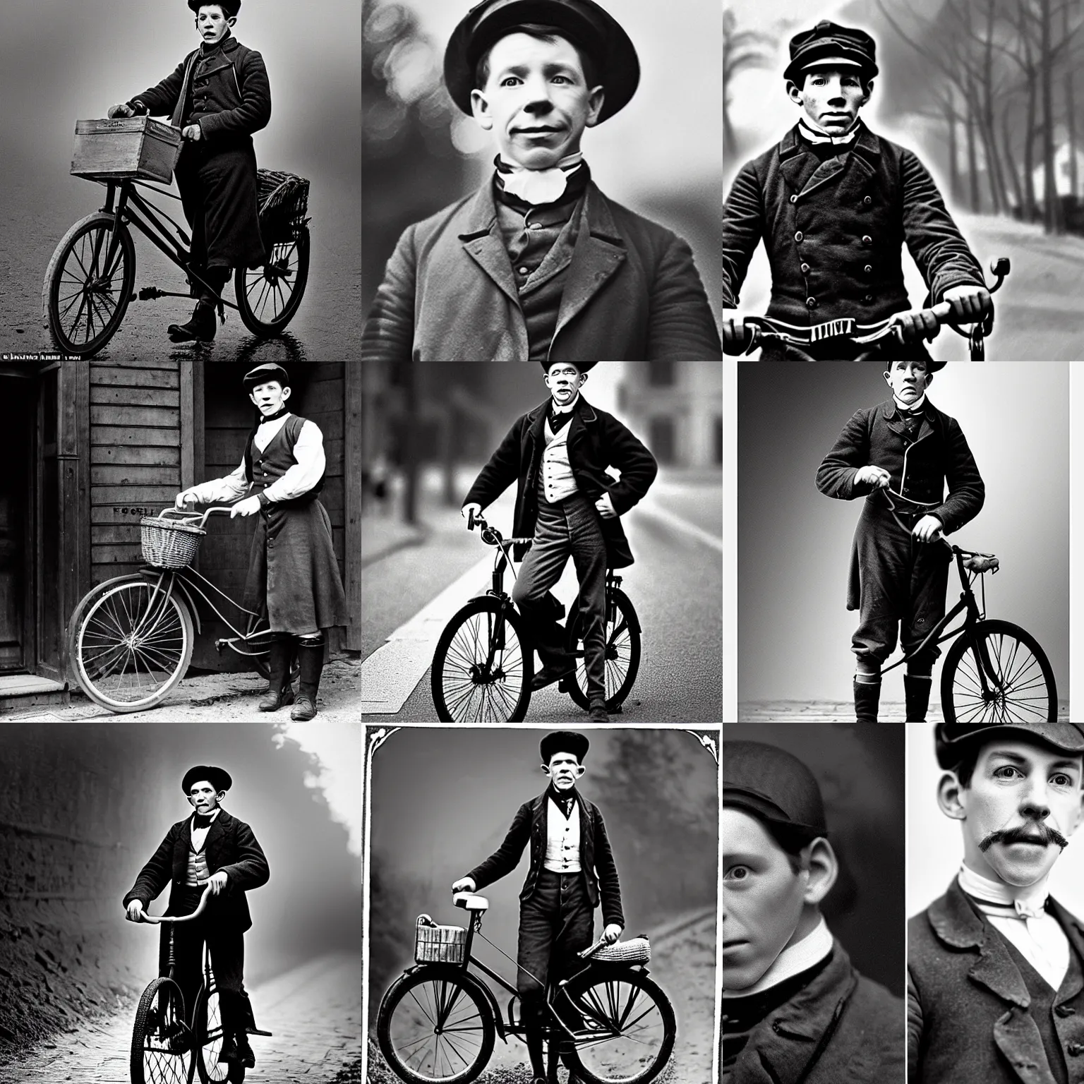 Prompt: a young 19th century postman looks similar to Lee Evans, rides a bike, cinematic lighting, highly detailed, black-and-white, realistic, antique photography