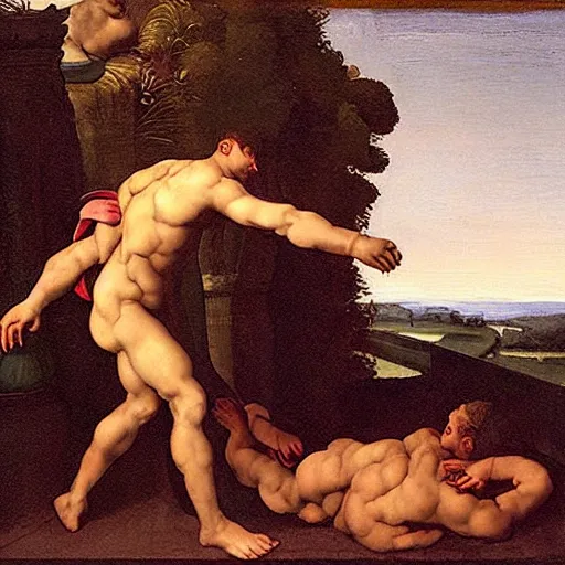 Image similar to two men are fighting on a deck at night, a screenshot by michelangelo, featured on reddit, temporary art, renaissance painting, demonic photograph, ultra realistic