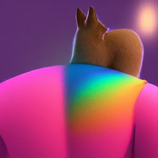 Prompt: 3d rainbow cat character by Beeple, back view