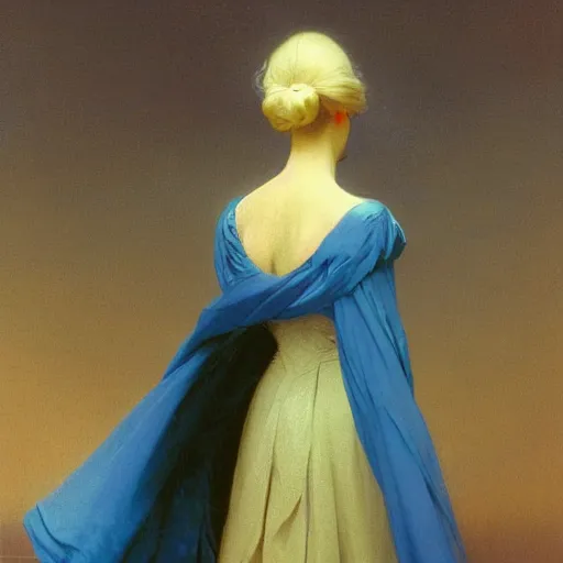 Prompt: a young woman's face, her hair is white and she wears a cobalt blue satin cloak, by ivan aivazovsky and syd mead and moebius and gaston bussiere and roger dean and pieter claesz and paul delaroche and alma tadema and aelbert cuyp and john berkey, hyperrealistic, volumetric light, octane render