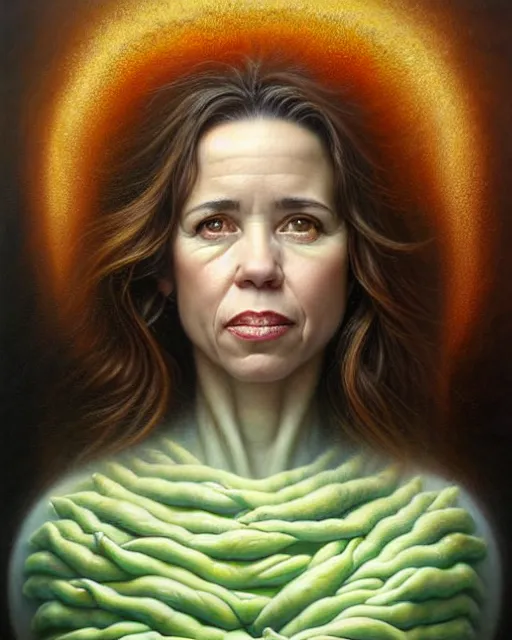 Image similar to detailed portrait of linda cardellini cannelloni!! ( spinach ) ricotta! by tomasz alen kopera and peter mohrbacher and johanna martine! and margaret keane! coherent luminescent