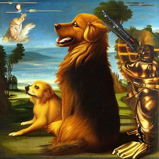 Prompt: “Renaissance painting depicting a 500ft tall golden retriever standing next to a raccoon. Picture in the style of a Star Wars movie”