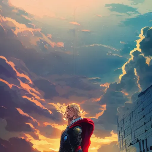 Image similar to ⁠portrait of Thor , Karachi skyline background, rich vivid colors, ambient lighting, dynamic lighting, 4k, HQ, official media, anime key visual, makoto shinkai, ilya kuvshinov, lois van baarle, rossdraws, detailed, trending on artstation