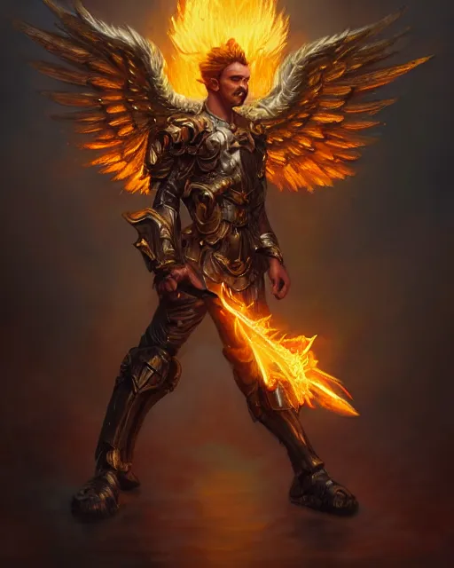 Prompt: character portrait of a brawny male angel of justice, with fiery golden wings, wearing shining armor, wielding a flaming sword, by peter mohrbacher, mark brooks, jim burns, marina abramovic, wadim kashin, greg rutkowski, trending on artstation