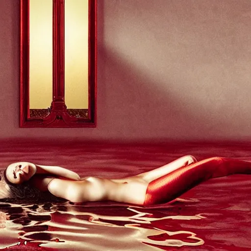 Image similar to Bella Hadid full body laying in a blood red pool of water between a golden mirror frame, outside is space and inside the mirror frame is a beautiful landscape., physically accurate, dynamic lighting, intricate, elegant, highly detailed, very very Roberto Ferri, sharp focus, illustration, art