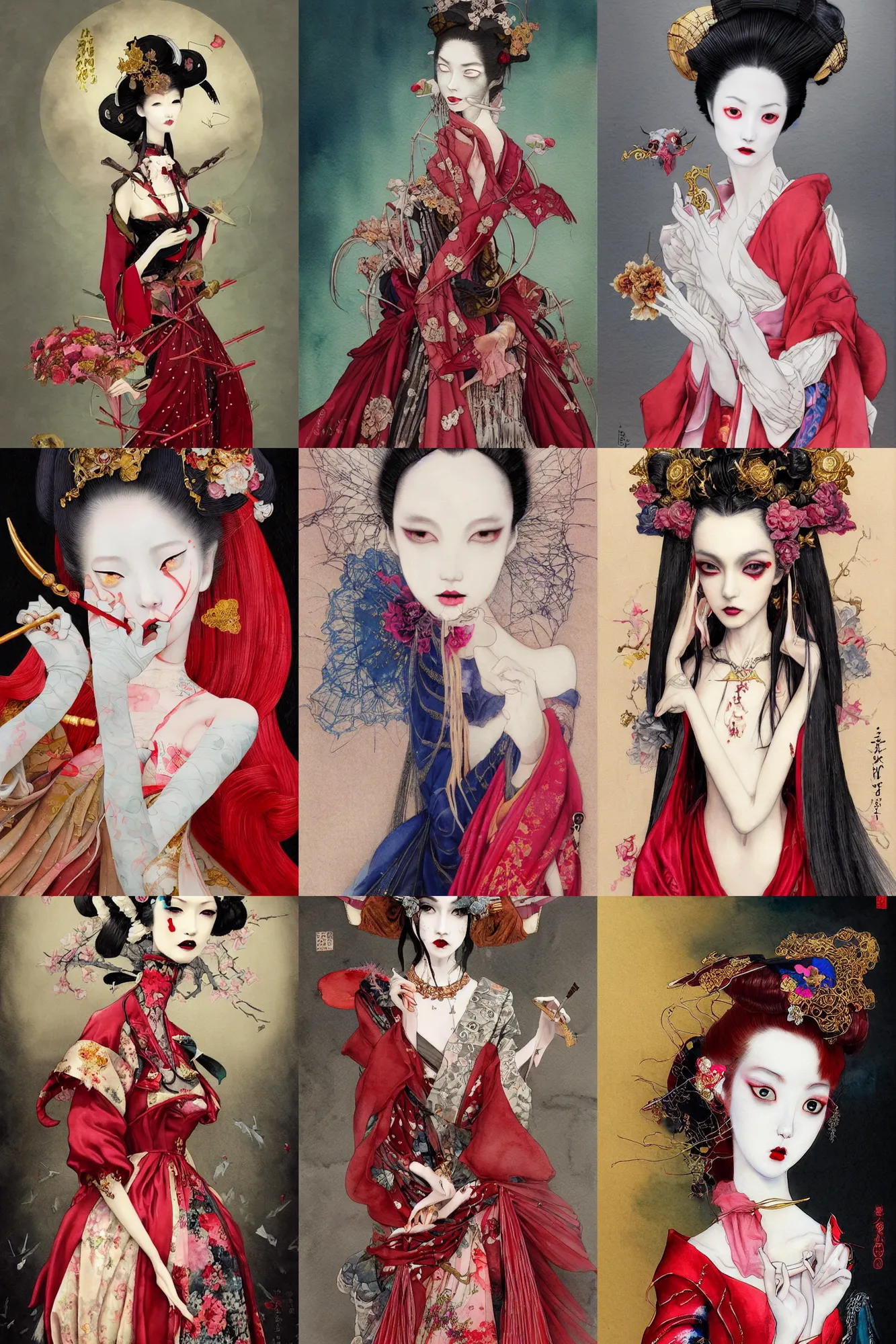 Prompt: watercolor painting avant - garde vogue fashion portrait of a japanese bjd geisha vampire queen with a long neck in a victorian lolitafashion silk red dress painted by yoshitaka amano, tom bagshaw, ayami kojima, intricate detail, artstation, artgerm, in the style of dark - fantasy rococo, gold leaf art