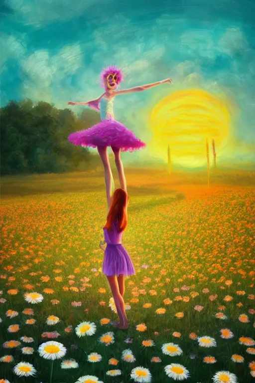 Image similar to giant daisy flower as head, girl dancing in a flower field, surreal photography, sunrise, dramatic light, impressionist painting, colorful clouds, digital painting, artstation, simon stalenhag