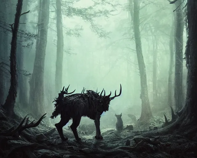 Image similar to 5 5 mm portrait photo of an armored demonic cat with antlers, in a magical forest. dark atmosphere. art by greg rutkowski. highly detailed 8 k. intricate. lifelike. soft light. nikon d 8 5 0.