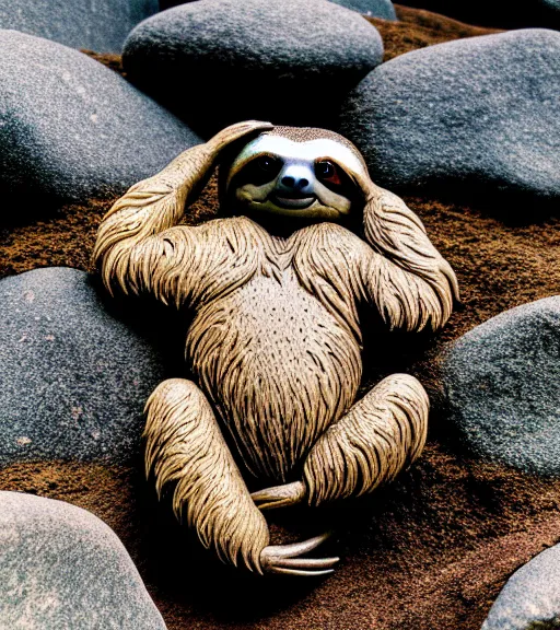 Prompt: a photograph of a sloth levitating while meditating in a zen rock garden, nature photography, highly detailed, intricate details, sharp focus, celestial