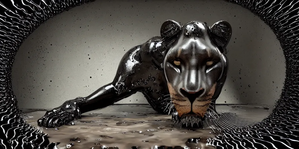 Image similar to a black lioness made of ferrofluid bathing inside the bathtub full of tar, covered with black goo, covered with slime, drooling ferrofluid. dslr, photography, realism, animal photography, color, modern bathroom, hyper realistic, 8 k resolution, v - ray, 3 d render