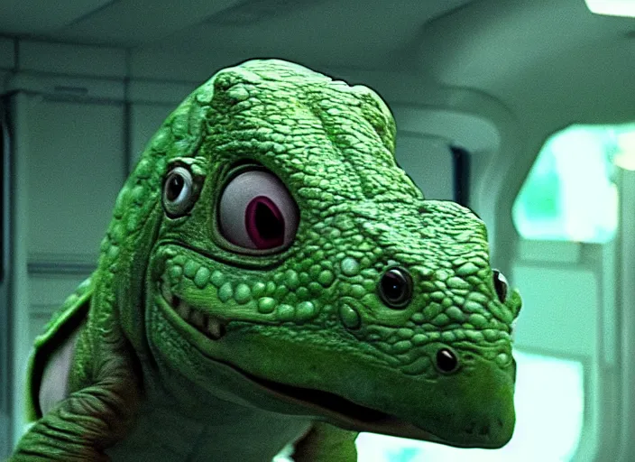 Image similar to film still of yoshi in the new sci - fi movie, cute upright dinosaur with a small turtle shell and long tongue, 8 k