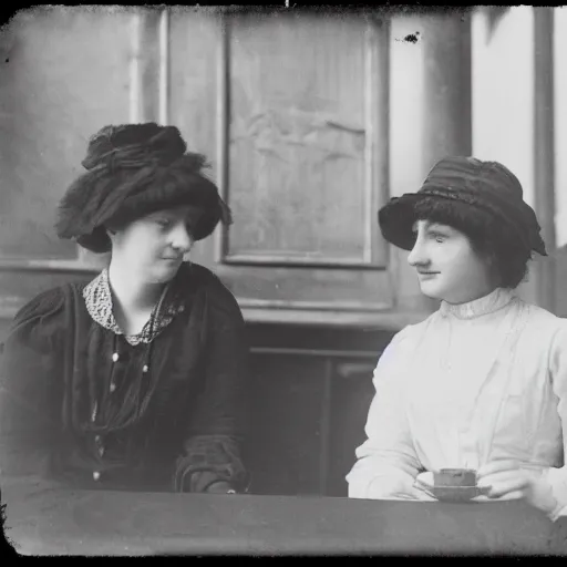 Image similar to a black and white photograph of two young edwardian women sitting in a cafe in paris