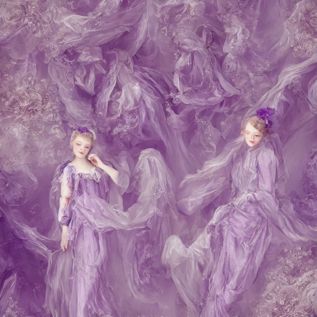 Image similar to purple dress in the style of rococo ，Victorian era，jellyfish element，dreamy, soft ,Backlight ,luminescence，highly detailed,8k