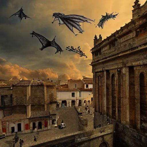 Image similar to the monumental city of caceres with dragons flying over it, dramatic lighting, cinematic, extremly high detail, photorealistic, cinematic lighting, post processed, concept art, artstation, matte painting, style by greg rutkowsky