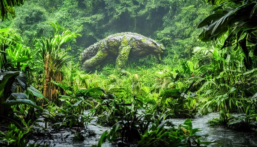 Image similar to a rainy foggy jungle, river with low hanging plants, there is a giant aligator in the water, it is glowing, great photography, ambient light