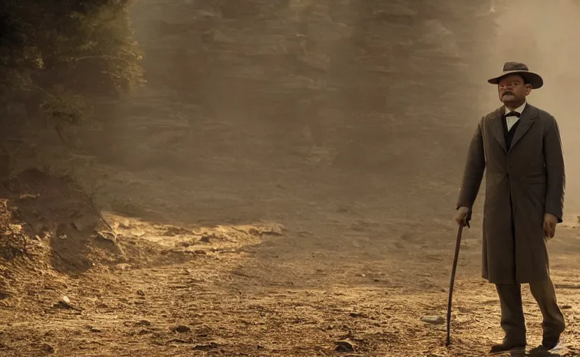 Image similar to Tobey Maguire as Theodore Roosevelt in 'Roosevelt' (2017), movie still frame, oscar nominated cinematography, volumetric lighting, 8k resolution.