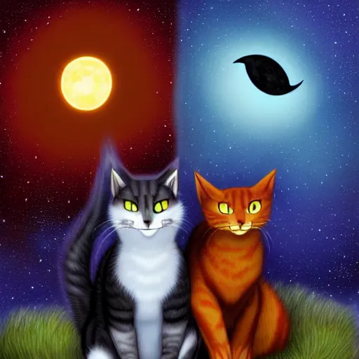 Image similar to Firestar and Ravenpaw sitting next to each other looking into the Moon, Warrior cats, Erin Hunter, illustration of 2 cats, trending on artstation, Paintings