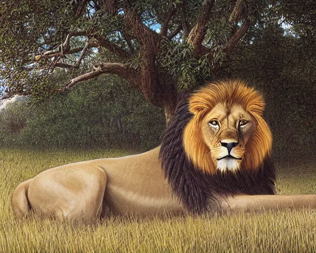 Prompt: a majestic lion under a tree in the morning by Aaron Blaise and Robert Bateman