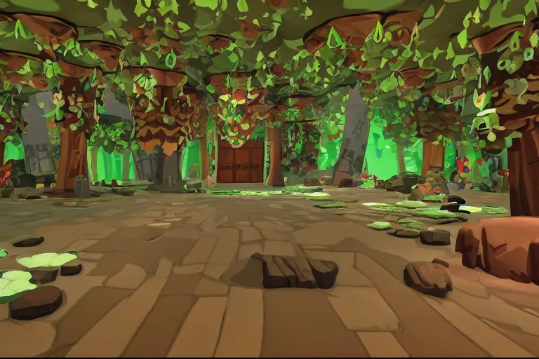 Prompt: the main room in a Wind Waker dungeon, forest themed