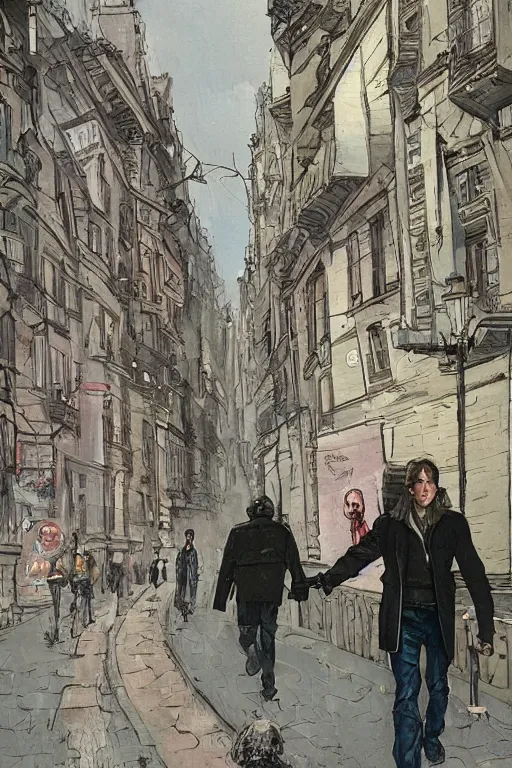 Image similar to in the foreground a Parisian street, in the background a dark-haired man from behind wearing a long matrix style jacket and starting to fly away, realistic, high definition, great detail, dramatic scene, detailed and realistic hands, symmetrical face, realistic eyes, art of dave gibbons