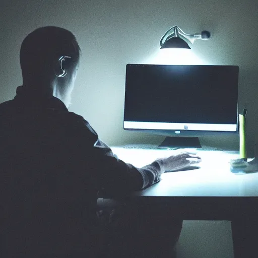 Image similar to During the night, man alone on computer illuminated only by the light of the computer screen, dark