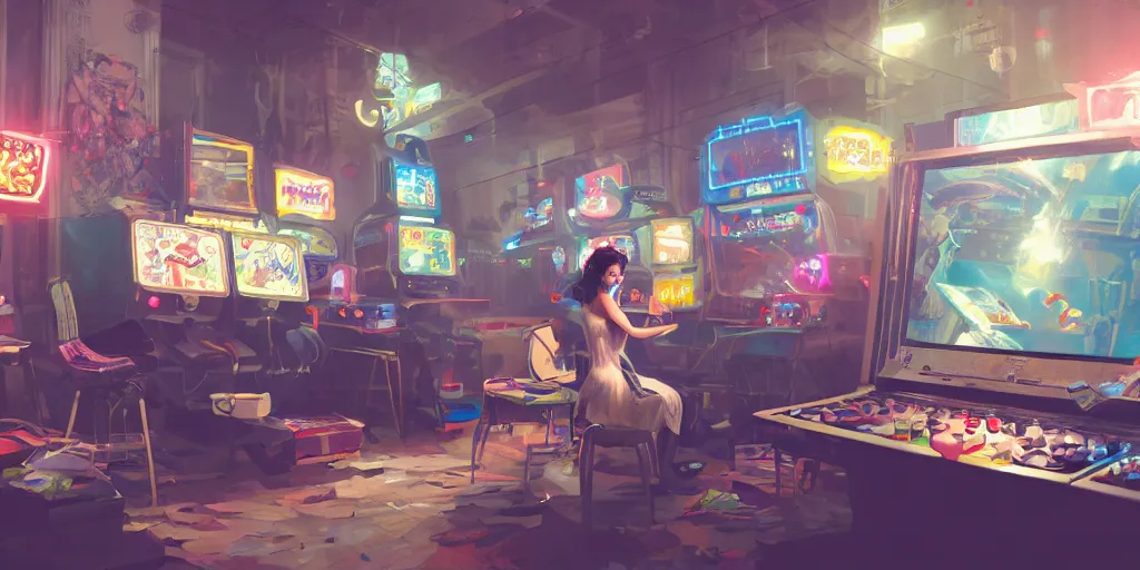 Image similar to an environmental concept art of a stylish woman playing a game in a cluttered arcade, highly detailed, environmental light, cinematic by francis tneh