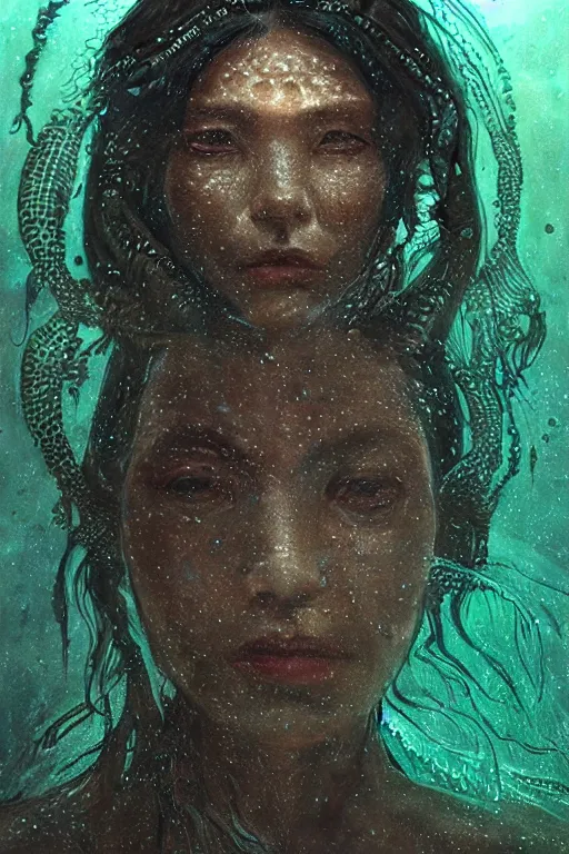 Image similar to dark underwater portrait of a Mayan woman, with (reaction diffusion) scaled fish skin. face closeup. long intricate dark hair, with Bioluminescent jellyfish. very high detail, illustration, by ruan jia