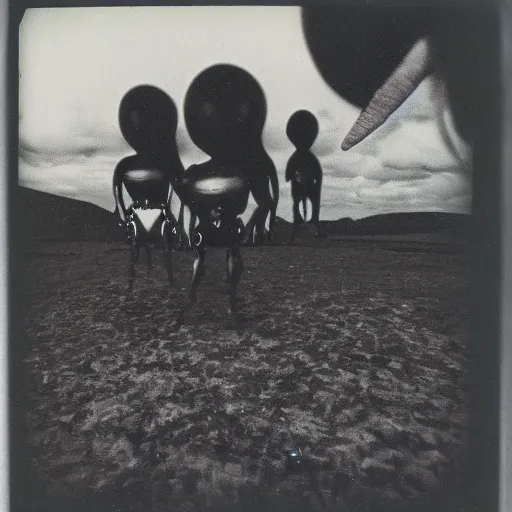 Image similar to polaroid photograph of aliens visiting earth, 1 9 5 0