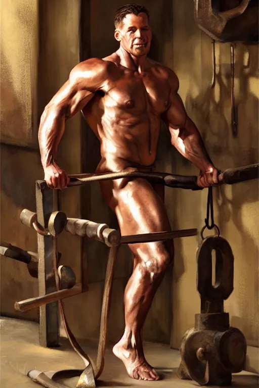 Prompt: muscular sweaty male blacksmith, forgehouse painting by craig mullins, j. c. leyendecker, tom of finland