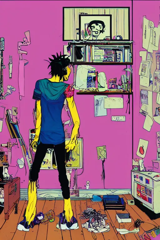 Image similar to a skinny goth guy standing in a cluttered 9 0 s bedroom by jamie hewlett, back view, jamie hewlett art, full body character concept art, vaporwave colors,