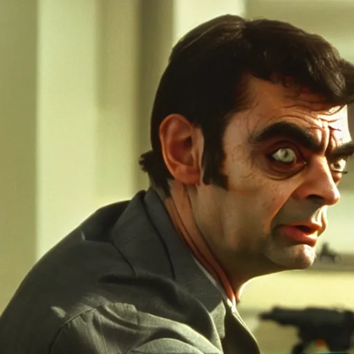 Prompt: film still of Mr. Bean playing Terminator, 4k