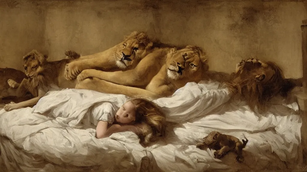 Prompt: girl lying next to a lion and a stork in a bed under white bed sheets, by guillermo lorca