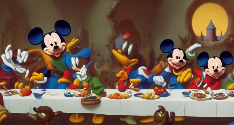 Prompt: mickey mouse donald duck goofy pluto at the last supper