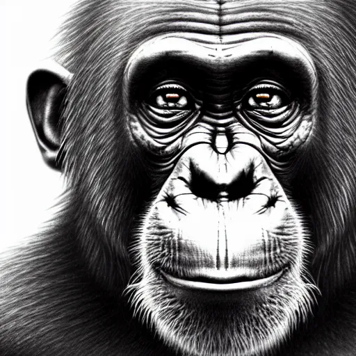 Image similar to a very detailed pencil drawing of a happy chimpanzee 4 k, high resolution, still, landscape, hd, dslr, hyper realistic, sketch