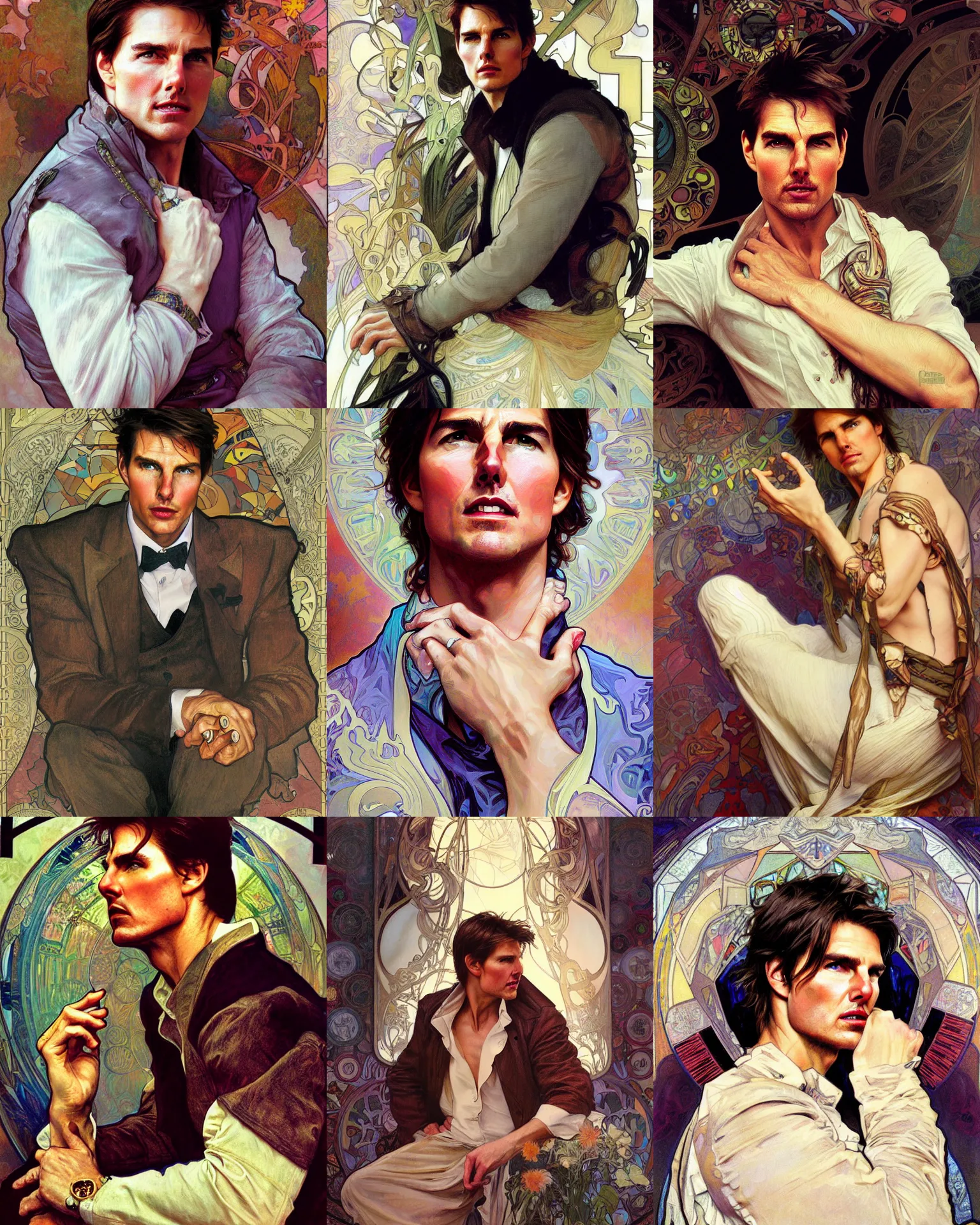Prompt: A portrait of Tom Cruise by loish, Alphonse Mucha, Thomas Moran, Mandy Jurgens, fashion photography