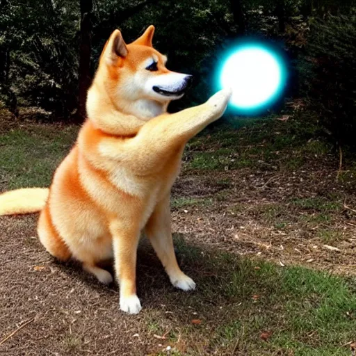 Prompt: photo of a real life ssj2 shiba inu shooting a kamehameha