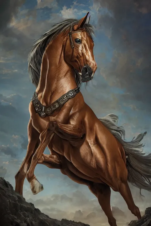 Image similar to 3 quarter view photography portrait of a prince stalion horse , organed, tatooed, intricate details, muscles, elegant, divine, illustrated by greg rutkowski and Akira Saito and Peter mohrbacher, 4k,