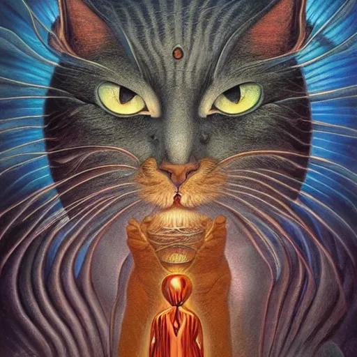 Image similar to a cat having an ego trip, by alex grey, by Esao Andrews and Karol Bak and Zdzislaw Beksinski and Zdzisław Beksiński, trending on ArtStation